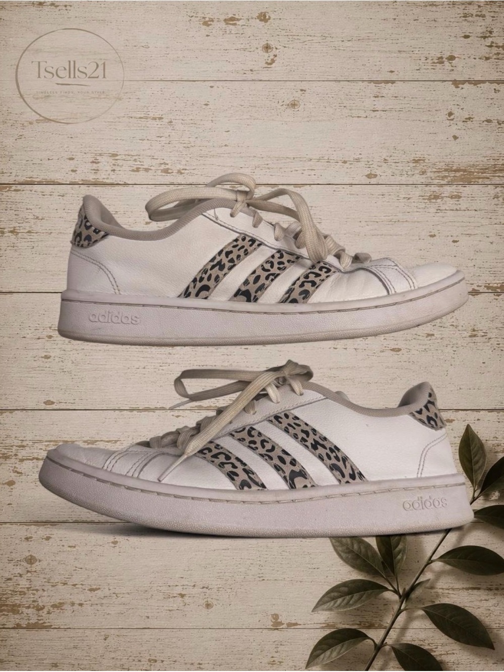 Adidas Grand Court White Leopard Sneakers - Size 8.5